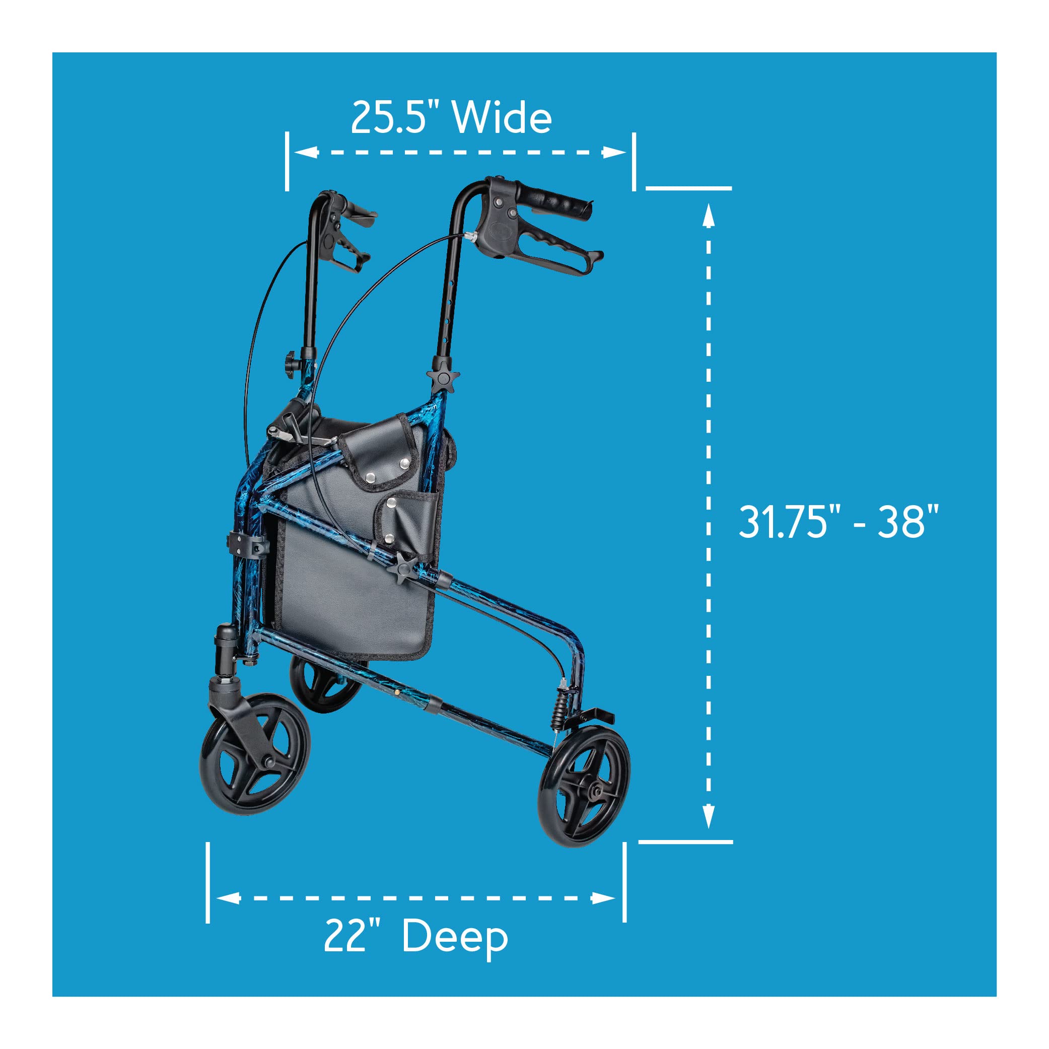 Carex 3 Wheel Walker for Seniors, Foldable, Rollator Walker with Three Wheels, Three Wheel Rolling Walker Height Adjustable for Seniors, Blue, Trio, Folding