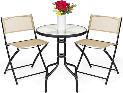 Best Choice Products 3 Piece Polyester Patio Bistro Dining Furniture Set W 2 Folding Chairs And Textured Glass Tabletop Beige Amazon Co Uk Garden Outdoors