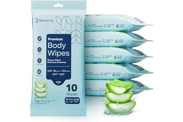 60 XL Shower Wipes – Body Wipes for Adults Bathing No Rinse – 6 Packs of 10 – Extra Moist Bath with Aloe & Vitamin E for Camp