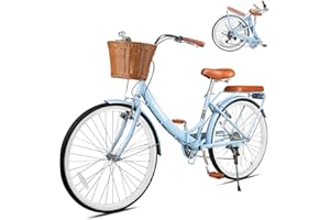 esheno 26 Inch Foding Women Beach Cruiser Bike, 7 Speed Foldable Cruiser Bike with Adjustable Seat, Folding Commute Bike with Lightweight, Anti-Skid Tires & V-Brakes for Women