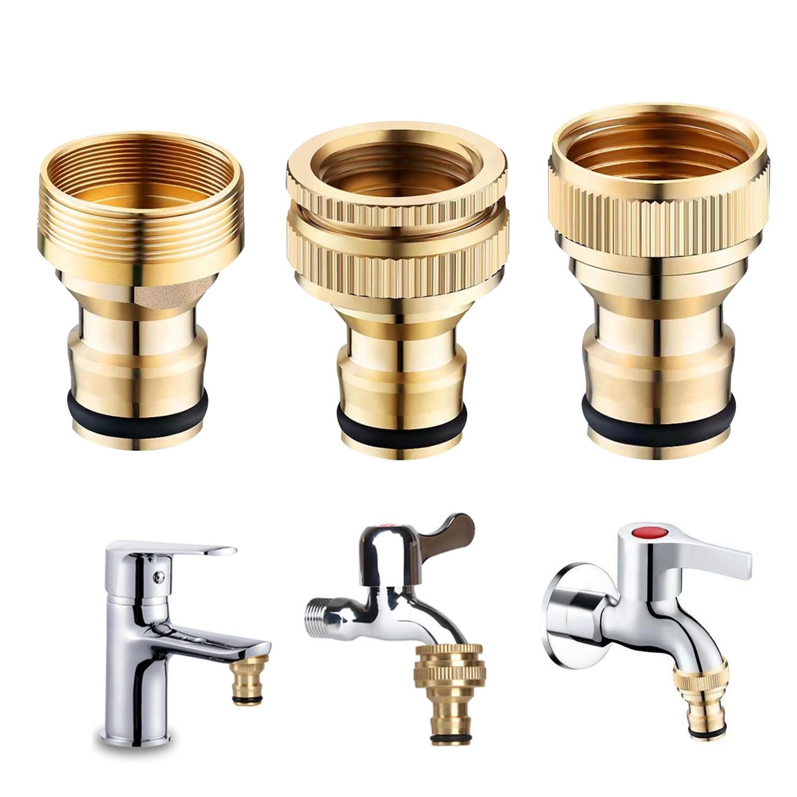 BSITSSS 3 x Tap Adapter, Tap Adapter for Hose Pipe, Brass Garden Hose Quick Connector Thicken, Garden Hose Tap Connector Pipe Fittings Kit, Kitchen Mixer Tap Hose Connector, 22mm & 24mm Threaded Tap