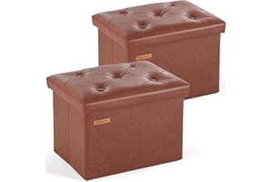 HAUSFRAU Storage Ottoman Foot Rest Stool, Small Folding Ottoman with Storage, Tufted Square Cube Footrest, Faux Leather Cognac Brown, Set of 2