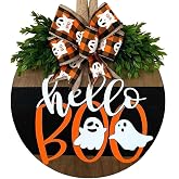 Halloween Wreaths for Front Door Cute Ghost Hanger Sign Decorations Wreath (Hello Boo)
