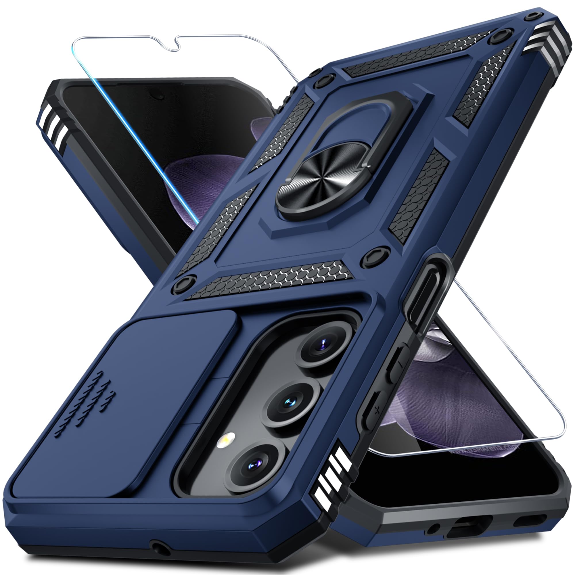 Photo 1 of Janmitta Compatible with Samsung Galaxy A16 5G/4G Case Built in Slide Camera Lens Cover+Screen Protector+Finger Ring Holder Kickstand,Heavy Duty Shockproof Full Body Phone Cover,2025 Blue
