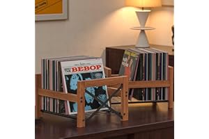 X-cosrack Vinyl Record Holder,Fits 7” -12” Records,Store up to 50-100 albums,DVDs,or CDs-Wood Book Storage Stand,File Folder Racks,Modern Design,Brown