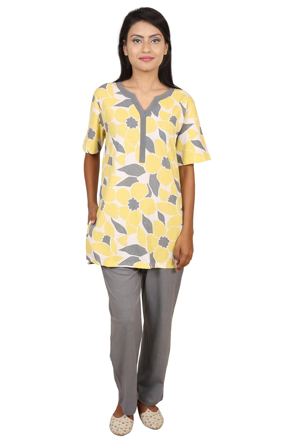 9teenagain women's floral print hosiery nightsuit(yellow & grey)