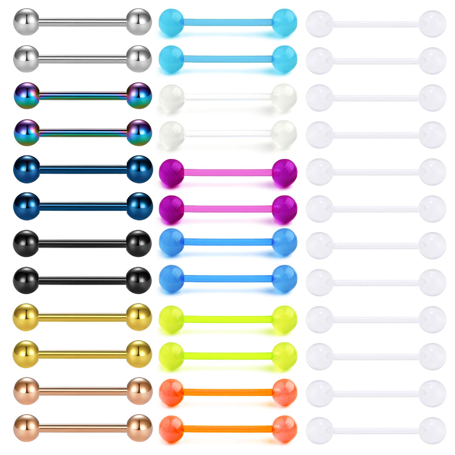 Mayhoop 36PCS 14G Nipple Tongue Bar Piercing Glow in The Dark Acrylic & Surgical Steel Nipple Rings Piercing Jewelry Nipplering Tongue Barbell Retainer for Women Men Corlorful Steel Bars