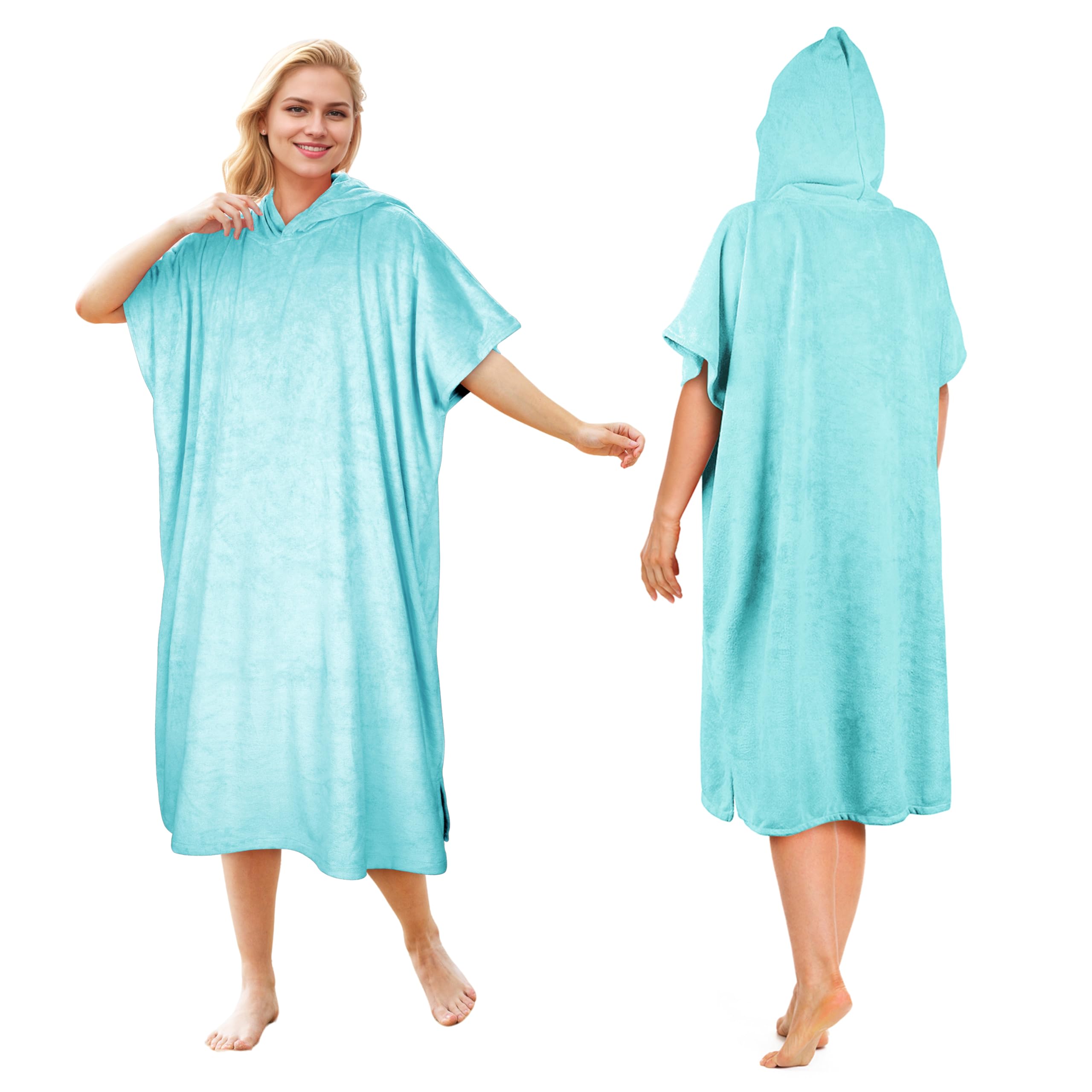 Kato Tirrinia Hooded Poncho Towel Changing Robe Adults, Surf Windproof Beach Robe Swim Towel for Outdoor Use, Super Water Absorbent Compact & Light Weight, One Size Fit Men Women Light Blue — image 1