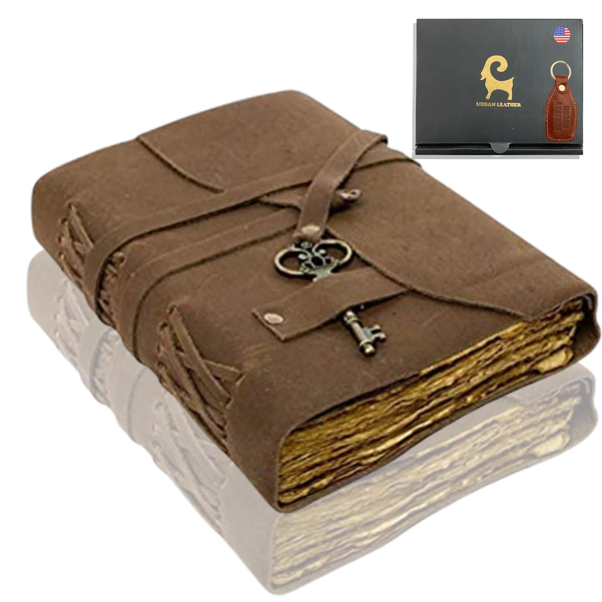 URBAN LEATHER Vintage Leather Bound Journal for Men Women Grimoire Book of Shadows Handmade Writing Diary, Key Closure, Travel Gift Notebook Sketchbook with Unlined Old Deckle Edge Pages, 18 Cms