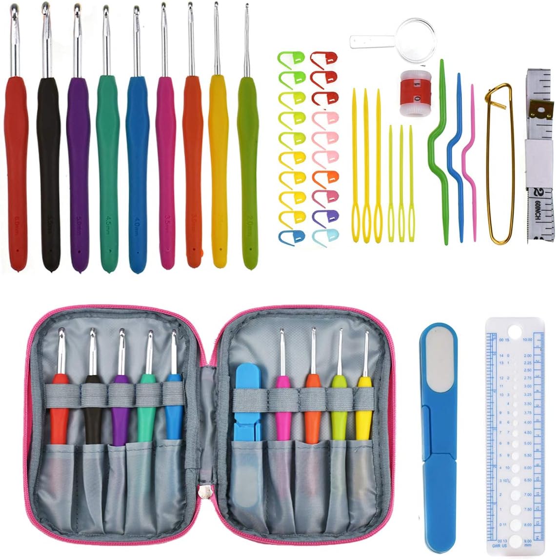 KOKNIT 44 PCS Ergonomic Crochet Hooks Set with Case Soft Rubber Grip Handles Yarn Knitting Needles Kit,Comfortable Hooks for Arthritic Hands,Best Gift