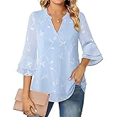 Lotusmile Womens Tops Dressy Casual 3/4 Tiered Bell Sleeve Blouses Double Layered Chiffon Work Tunic Shirts