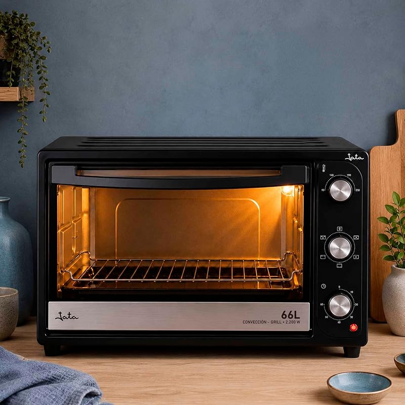 HN966 - Horno Eléctrico de Sobremesa 66 L con Convección y Grill, 2.200 W, 3 Funciones, Termostato Regulable, Temporizador 60 Min, Luz Interior, Bandeja y Parrilla