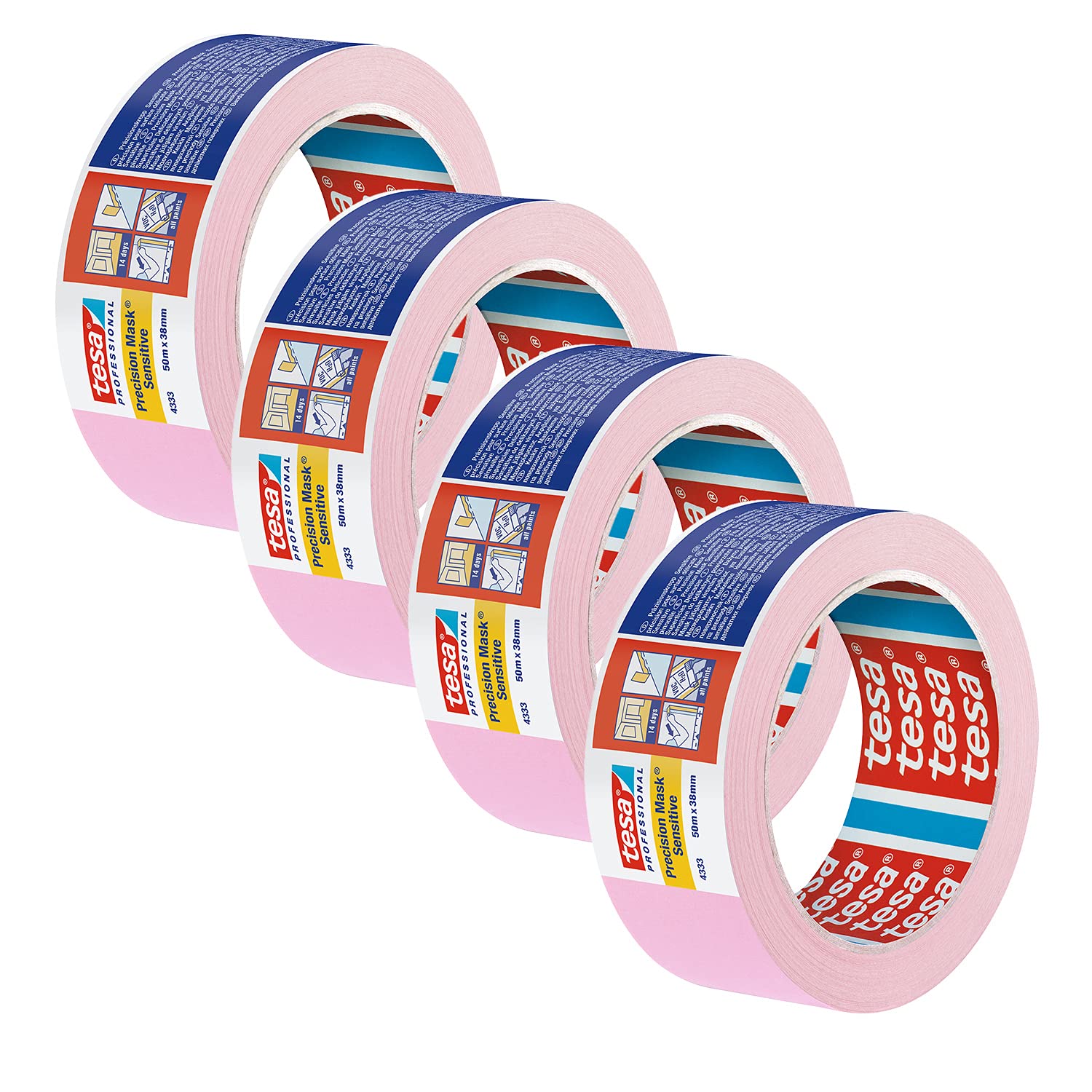 tesa 4333 Sensitive Precision Masking Tape for Masking Sensitive Surfaces Indoors - Very Low Thickness - Light Pink - 4-50 m x 38 mm Each