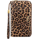 Simikol Large Capacity Wallets for Women RFID Blocking Leather Zip Around Phone Purse Ladies Travel Credit Card Clutch with Wristlet, Leopard