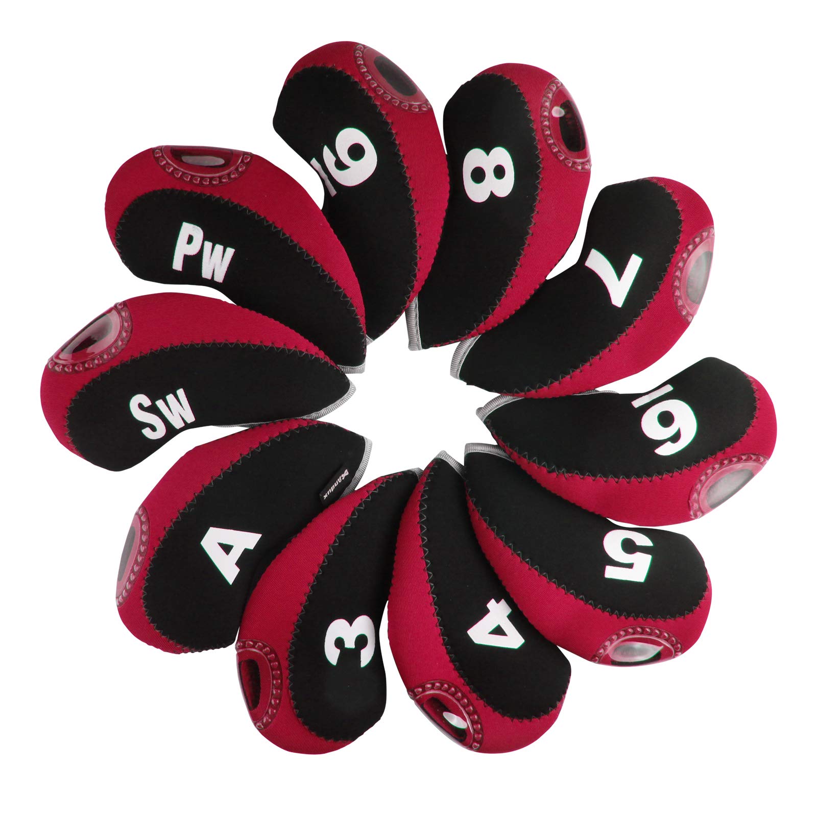 Andux Print Number Golf Iron Club Head Covers with Transparent Window 10pcs/Set Black/red
