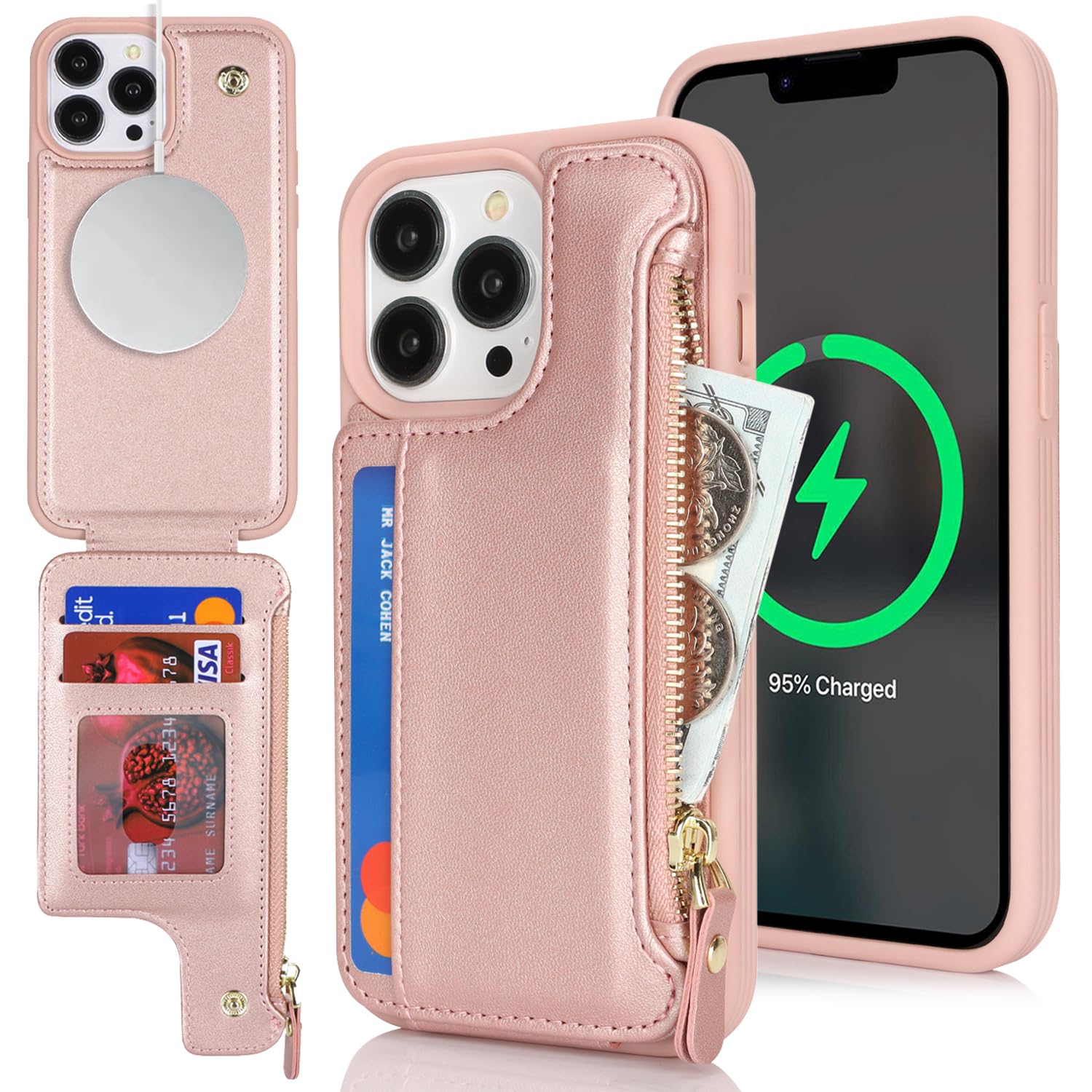 SailorTech iPhone 13 Pro Case with Credit Card Holder magsafe, iPhone 13 Pro Phone Leather Case Wallet for Women Compatible mag safe Card Slots Zipper Shockproof Case for Men - Rose Gold