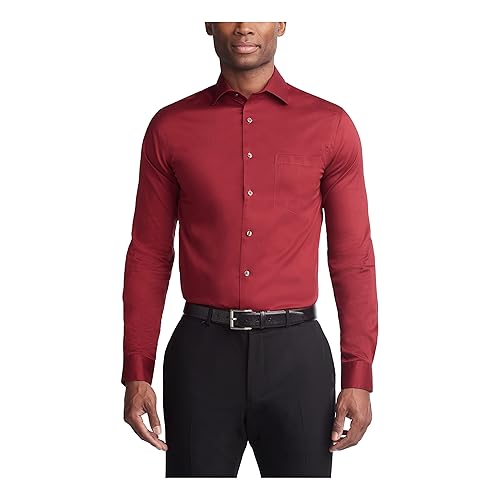 Van Heusen Men's Dress Shirt Regular Fit Ultra Wrinkle Free Flex Collar Stretch Solid, Mulberry, 18"-18.5" Neck 34"-35" Sleeve