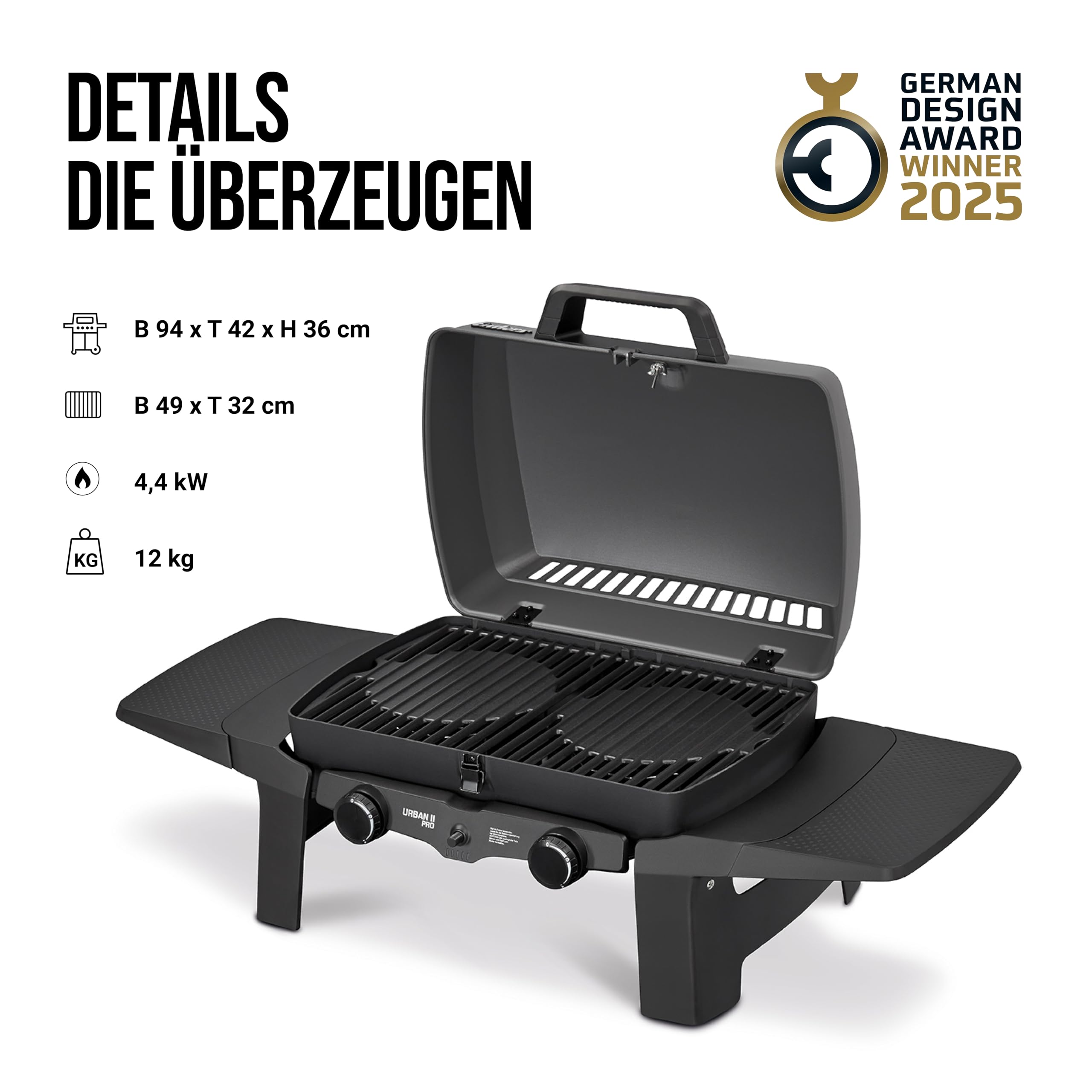 Enders® Gasgrill Urban II Pro, Tischgrill, Grillen-, Kochen- und Backen Funktion, 2 Brenner Edelstahl, mit Grill-Thermometer, Balkon-, Camping-Grill, Aluguss-Gehäuse, Gusseisen-Rost, #2062 3