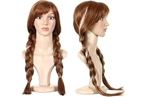 ANOGOL Hair Cap+ Brown Pigtail Princess Wig for Women Braided Brown Cosplay Wigs Auburn Highlighted Braids Women Hair for Princess Costume Cosplay Party Double Braids Anna Wig for Halloween Christmas