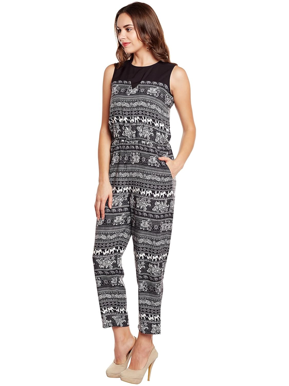 eyelet black printed poly crepe women's jumpsuit