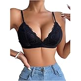 MakeMeChic Women's Triangle Padded Bralette Floral Lace Spaghetti Strap Wireless Strap Bra
