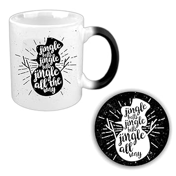 YaYa Cafe Christmas Gifts Magic Coffee Mug, 330 ml with Coaster (White) - Jingle Bells Snowman