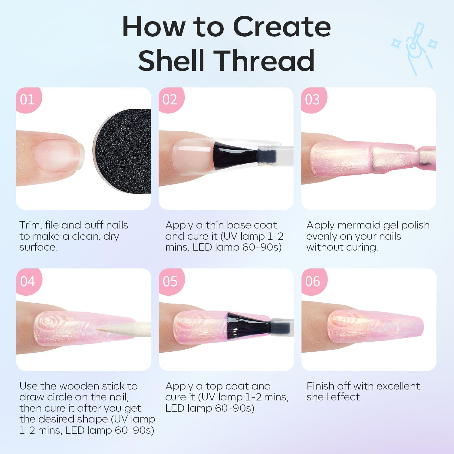 Modelones Pearl Gel Nail Polish, 6 Colors Shimmer Cat Eye Magnetic Nail Drawing Set with Magnet, Iridescent Mermaid Swirl Shell Thread Purple Pink Blue Glitter, Summer DIY Manicure Gift for Women Girl - Image 6