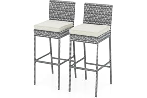 HAPPYGRILL Patio Wicker Barstools Set of 2, Outdoor Bar Height Chair w/Soft Seat Cushion & Cozy Footrest, Heavy-Duty Metal Frame, 400 lbs Max Load, Rattan Armless Bar Chairs