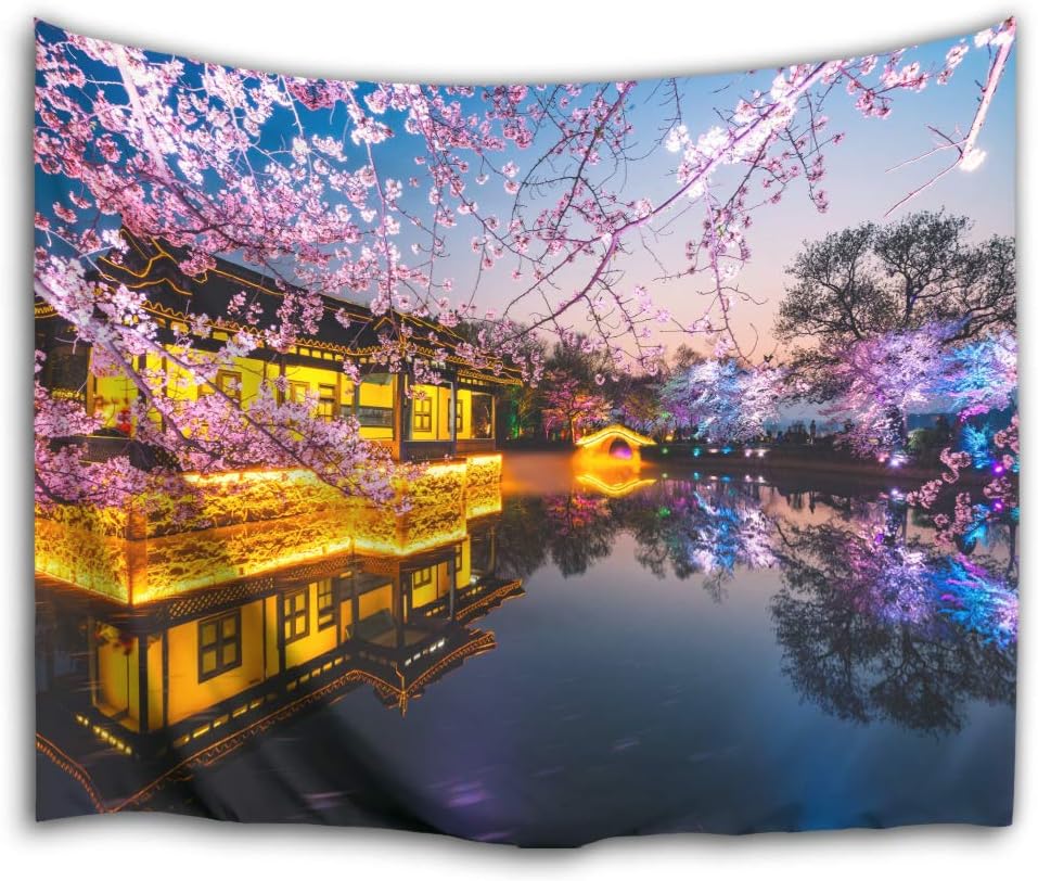 Colorful Star Ancient Orient China Japan Garden Design Wall Hanging Tapestry Polyester Fabric Wall Blanket Decorations for Bedroom Dorm Living Room 60" W x 51" L (153x130cm)