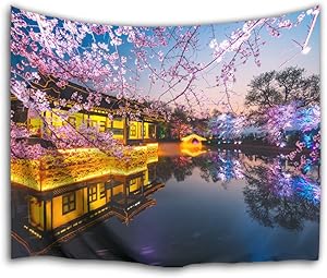 Colorful Star Ancient Orient China Japan Garden Design Wall Hanging Tapestry Polyester Fabric Wall Blanket Decorations for Bedroom Dorm Living Room 60" W x 51" L (153x130cm)