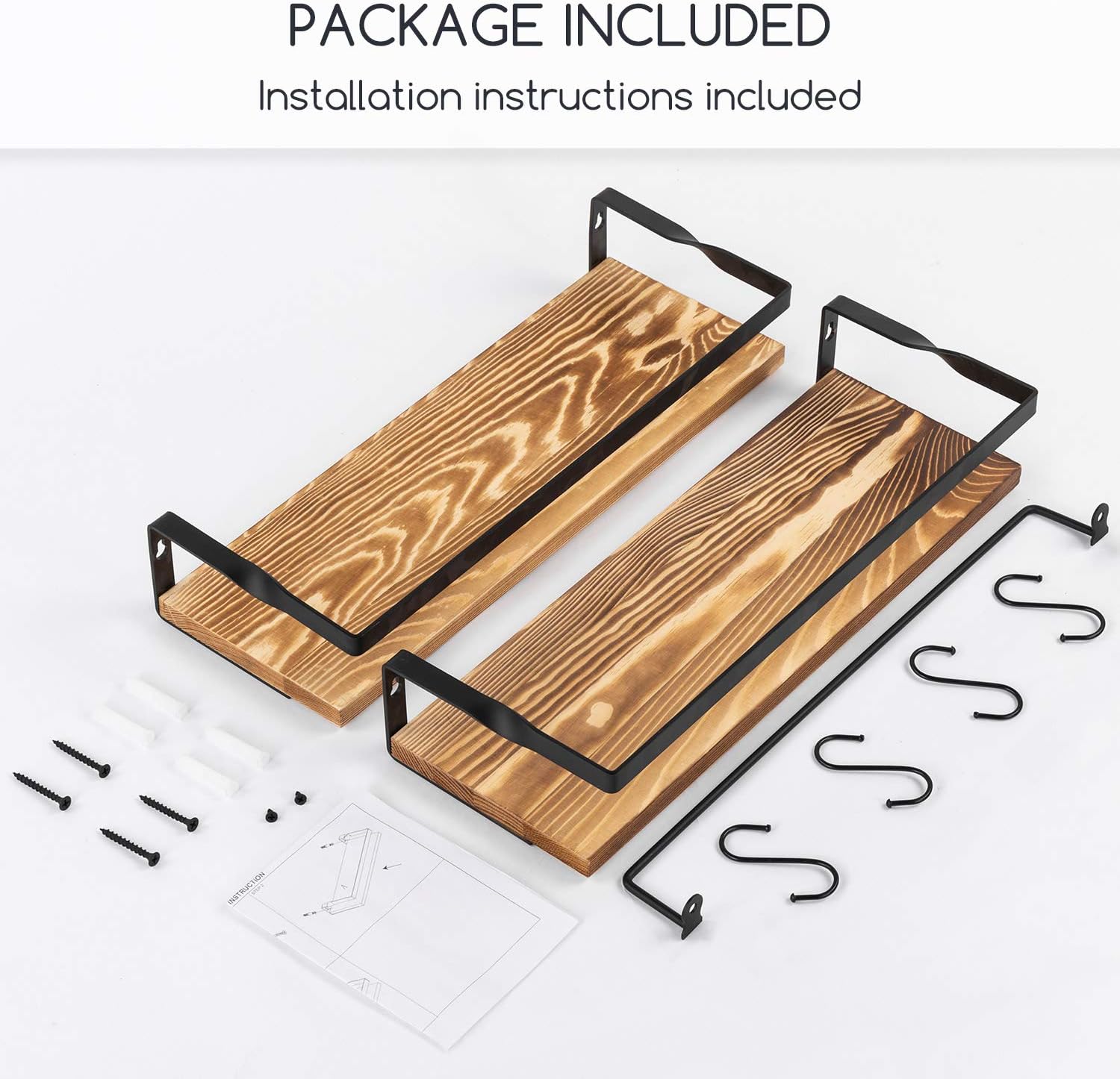 Homcosan Floating Shelves Wall Mounted Storage Bamboo Shelves Wood Towel Shelf with 4 S-Shape Coat Hooks Multifunction Decorations Set of 2 for Bathroom, Kitchen, Living Room, Home(Brown): Furniture & Decor