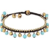 MINACHI Bohemian Style Anklet with Jingling Bell and Hand-woven Rope, Turquoise-toned and Brass Chain Foot Bracelet, Summer Beach Ankle Bracelet for Women