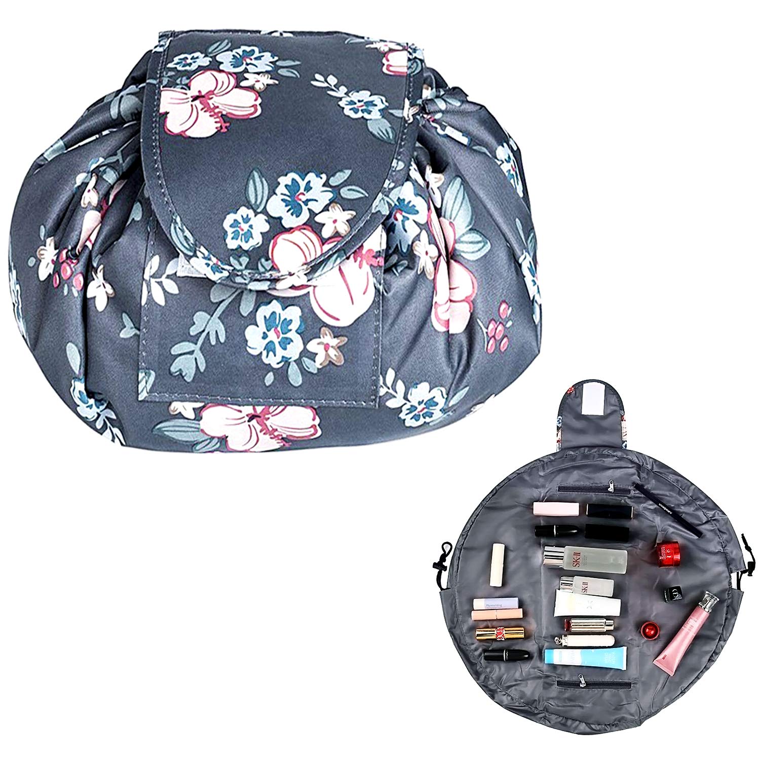 HINATAA Lazy Drawstring Makeup Bag, Travel Cosmetic Bag Large Capacity Drawstring Makeup Bag Lazy Cosmetic Bag Beam Mouth Storage Bag Cosmetic Pouch Travel Storage Bag (Flower)