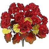 CISDUEO 2 Pcs Fall Flowers Artificial for Decoration Fake Geraniums Red Faux Mums for Outdoor Planters Realistic Faux Fall Flowers Plants for Front Door Porch Autumn Garden Patio Balcony Yard Indoor