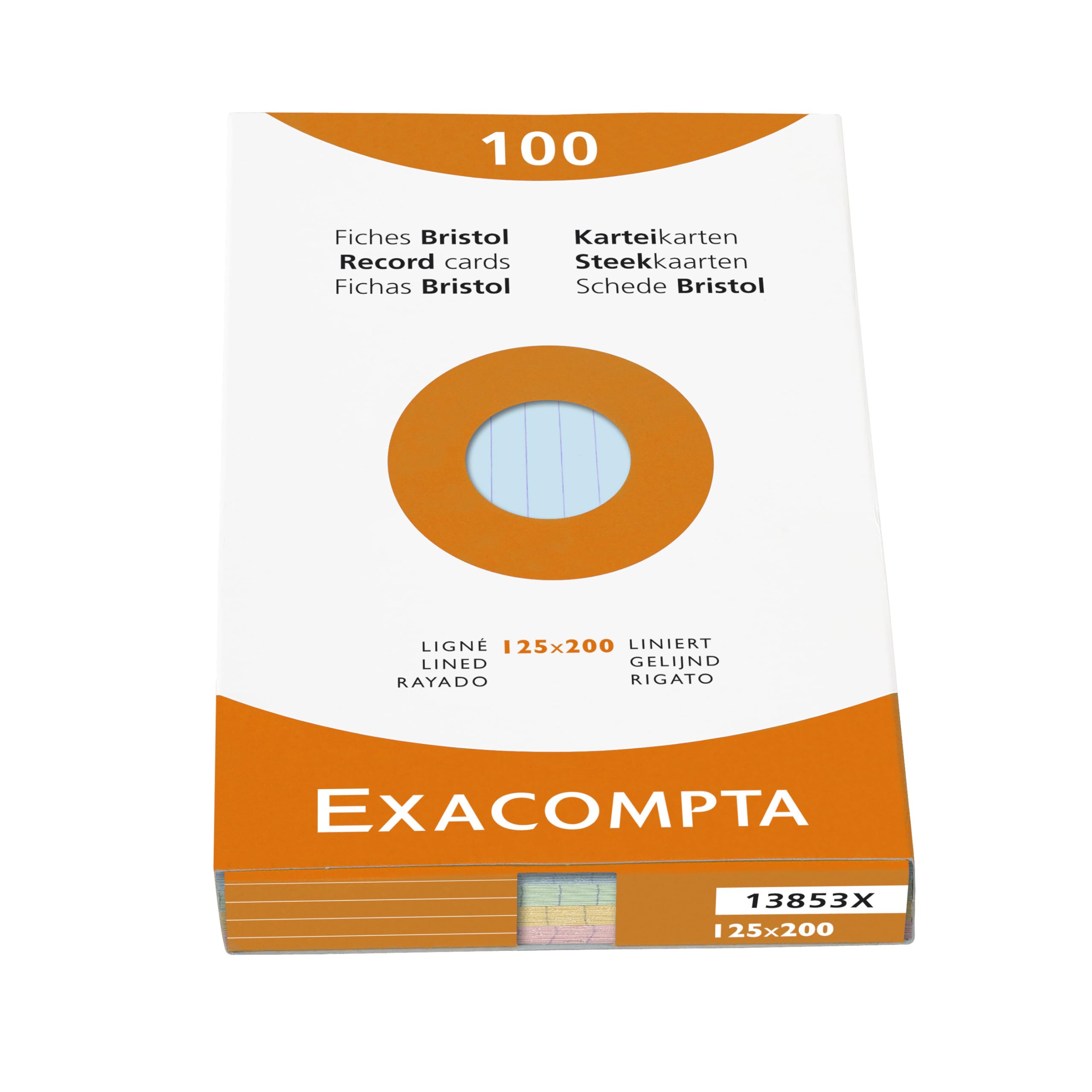Exacompta - Ref 13853X - Bristol Lined Record Cards (Pack of 100) - 125 x 200mm in Size, 205gsm Card, Compatible with Printers - Suitable for Exam Revision & Notes - Assorted Colours