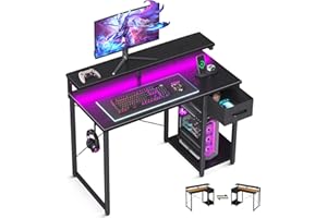 AODK Gaming Desk with LED Lights, 40 Inch Computer Desk with Drawers & Power Outlet, Small Desk for Home Office with Monitor 