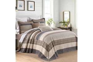 DDUOXIN Oversize King Bedspread 120" W x120 L - 100% Cotton Lightweight Oversized Quilt with 2 Pillow Shams, Farmhouse Reversible Extra Wide Bedspreads Coverlet Set, Brown/Beige/Wood/Charcoal