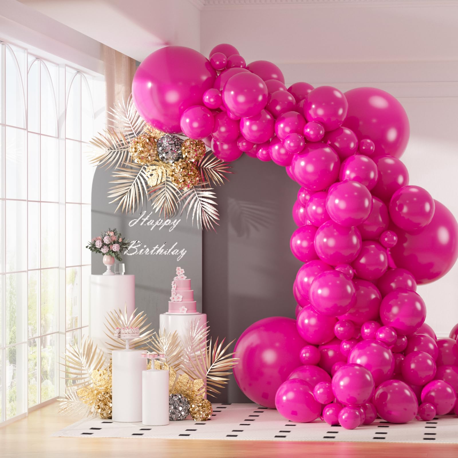 Photo 1 of 130pcs Hot Pink Balloons Garlands Kit, 18" 12" 10" 5" Different Sizes Pack Pink Latex Balloon Arch for Birthday Baby Shower Wedding Gender Reveal Party Decorations(With 2 Ribbons)
