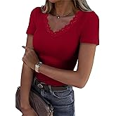 Dlaboonba Womens Lace V Neck Tops Short Sleeve Ribbed Knit Top Summer Slim Fit Casual T Shirts Blouse