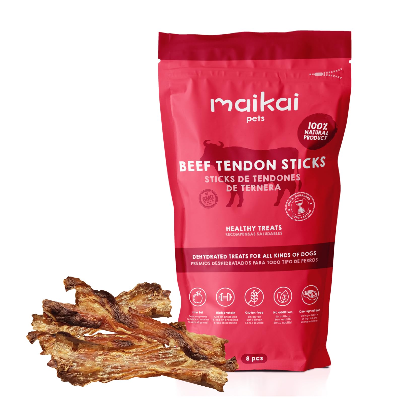 MAIKAI Tendons de Boeuf pour Chiens - 8 unités - Friandise Mastication Chiens - Boeuf séché - Friandises Barf Diet - Récompense Nerf de Boeuf