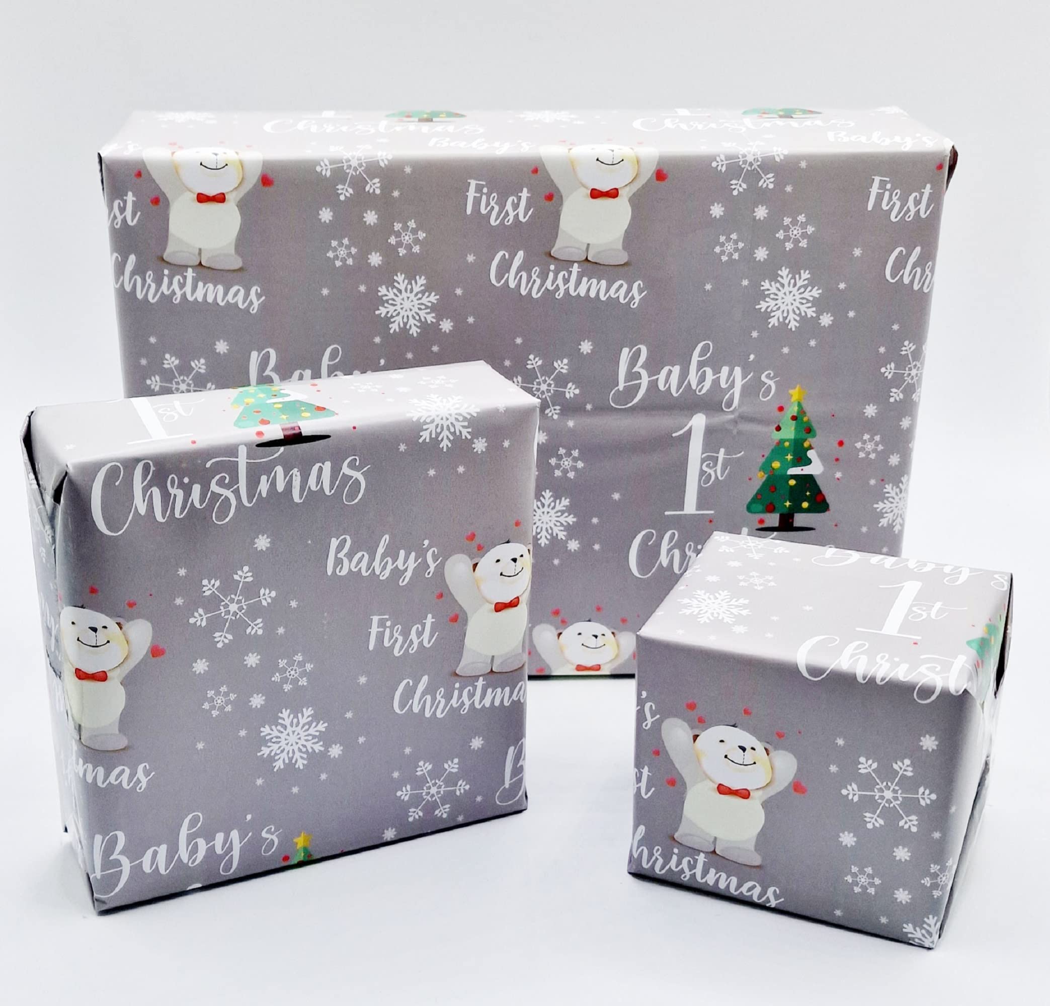 2 Sheets + 2 Gift Tags Baby's 1st Christmas Girl Boy Unisex Silver Wrapping Paper New Baby First Xmas Gift wrap Silver Unisex (PA)