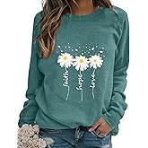 EADINVE Women Crewneck Daisy Print Long Sleeve Sweatshirts Faith-Hope-Love Graphic Tops Casual Loose Fit Pullover Shirts