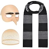 Waipfaru 3Pcs Halloween Costume for Adult, 2025 Bald Cap for Men Halloween Black Gray Striped Scarf and Mesh Wig Cap,Cosplay Classic Characters Party Set