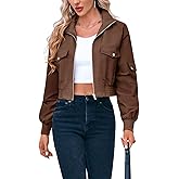 Fisoew Women's Cropped Bomber Jackets Lightweight Zip Up Stand Collar Long Sleeve Short Jacket with Pockets