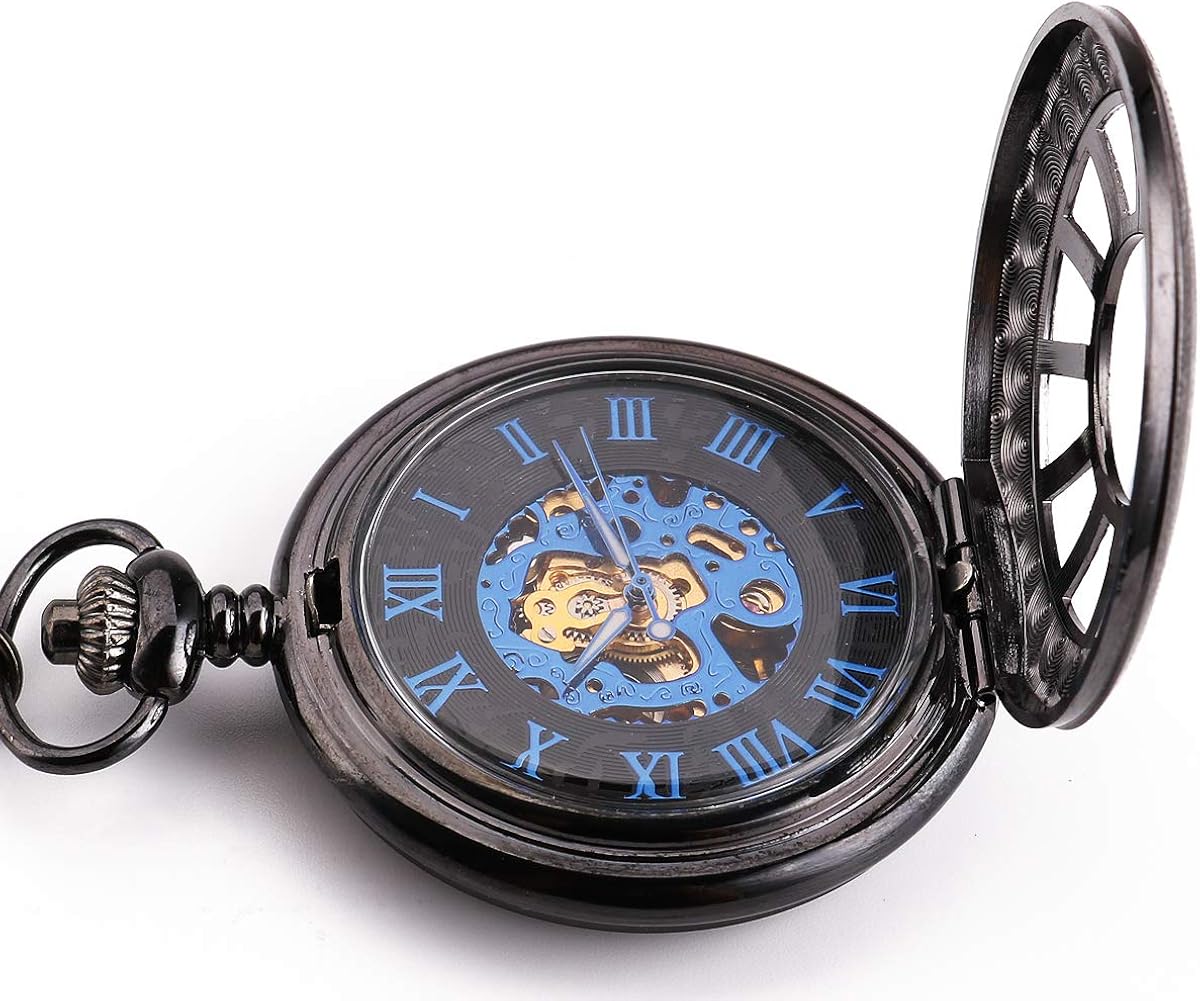 ManChDa Vintage Men Mechanical Pocket Watch Elegant Black Engraved Case Hollow Hunter Skeleton Dial with Chian + Gift Box - Image 5