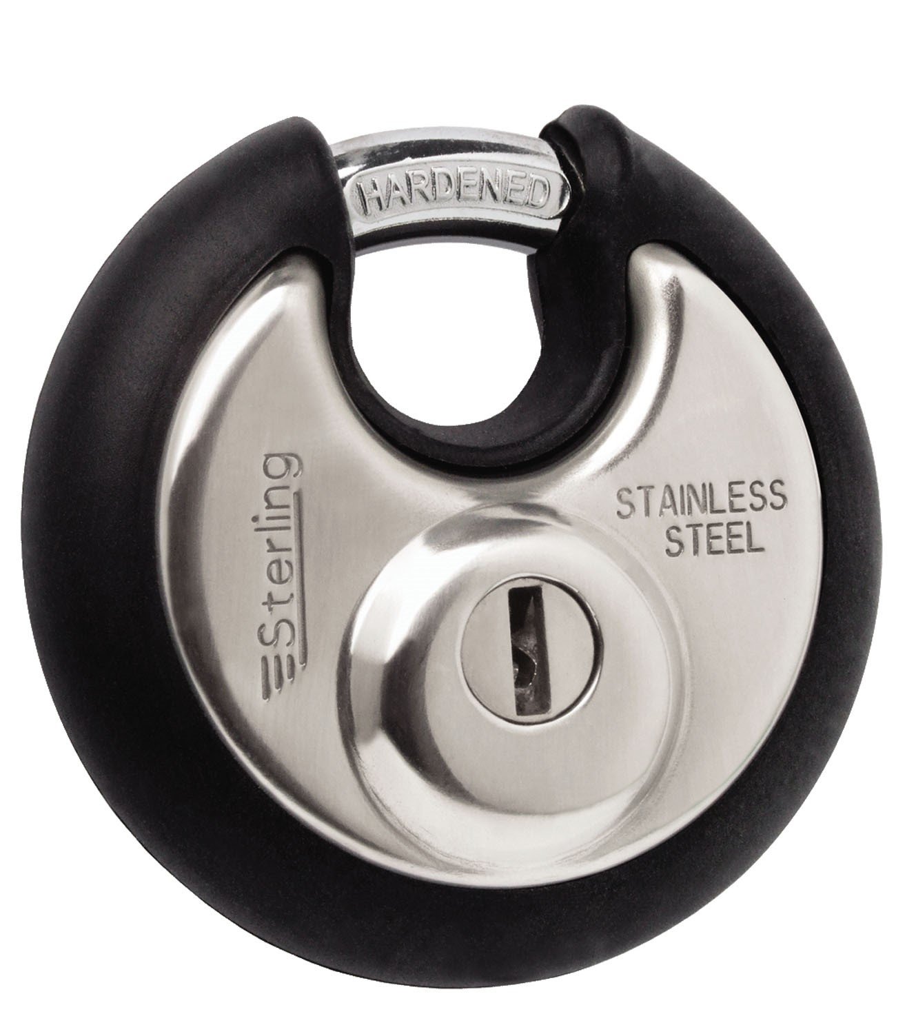 Sterling SPL100P 70mm Closed Shackle Disc Padlock with Stainless Steel Body and Protective Bumper - Assorted Colours, Red and Black