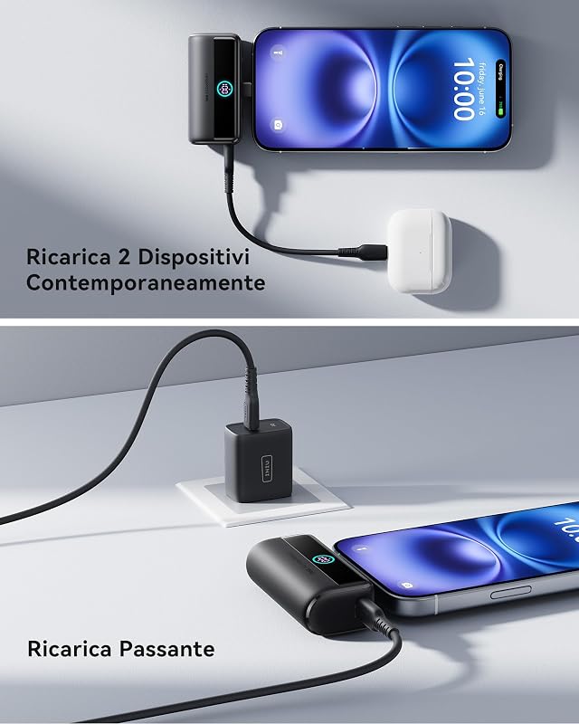 22.5W 5500mAh Power Bank Mini, Caricatore Portatile Pieghevole PD USB-C, Ricarica Rapida Batteria Esterna Mini Powerbank con LED Display iPhone 16 15 14 13 Pro Max Samsung S23 iPad