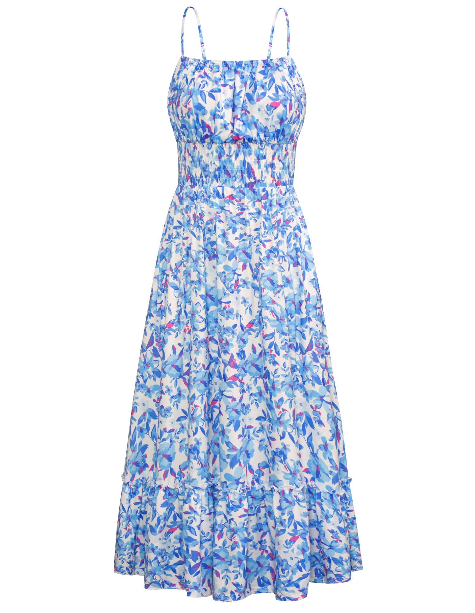 Women's 2025 Summer Floral Boho Dress Square Neck Strapped Swing A Line Beach Long Maxi Dress with Pockets Blue Floral L Image