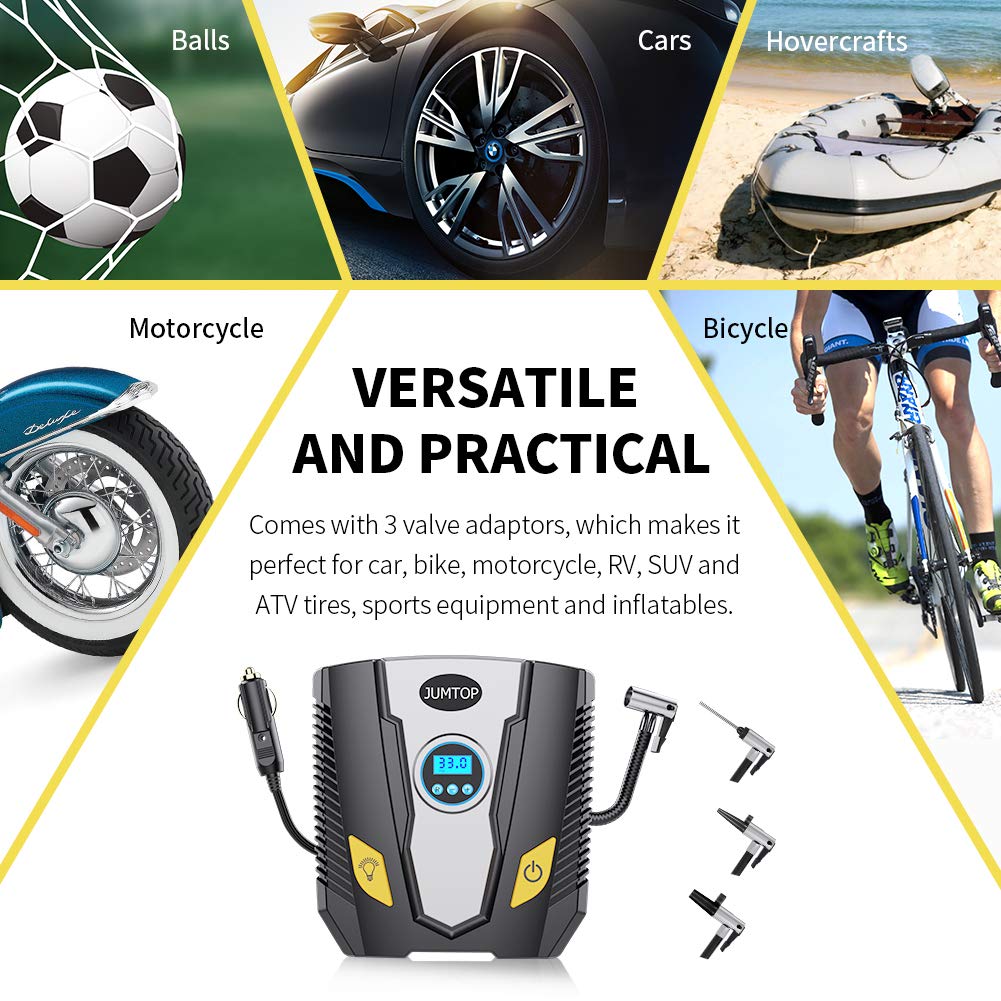 JUMTOP Compresseur d\'Air Portatif 12V/150PSI,Gonfleur Pneus Voiture, Gonfleur de Pneu avec l‘Affichage Numérique LCD, Pratique pour Gonfler le Pneu de Voiture/ Bicyclette/ Moto, Lampe LED Intégrée.