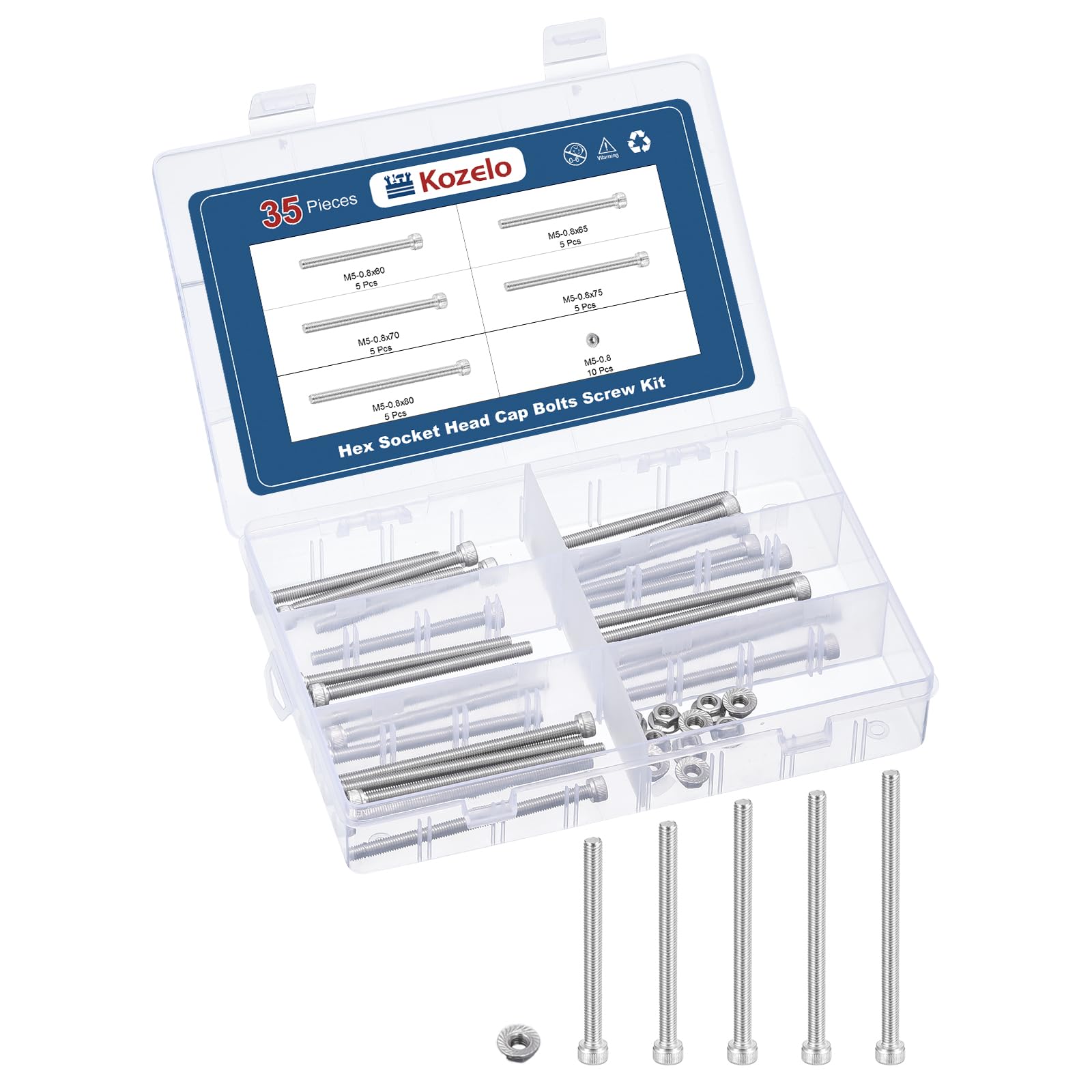 Kozelo 35pcs M5 Socket Head Cap Screws Bolts Nuts Assortment Kits - [M5x60/65/70/75/80mm] 304 Stainless Steel Allen Socket Drive for 3D Printer — image 1